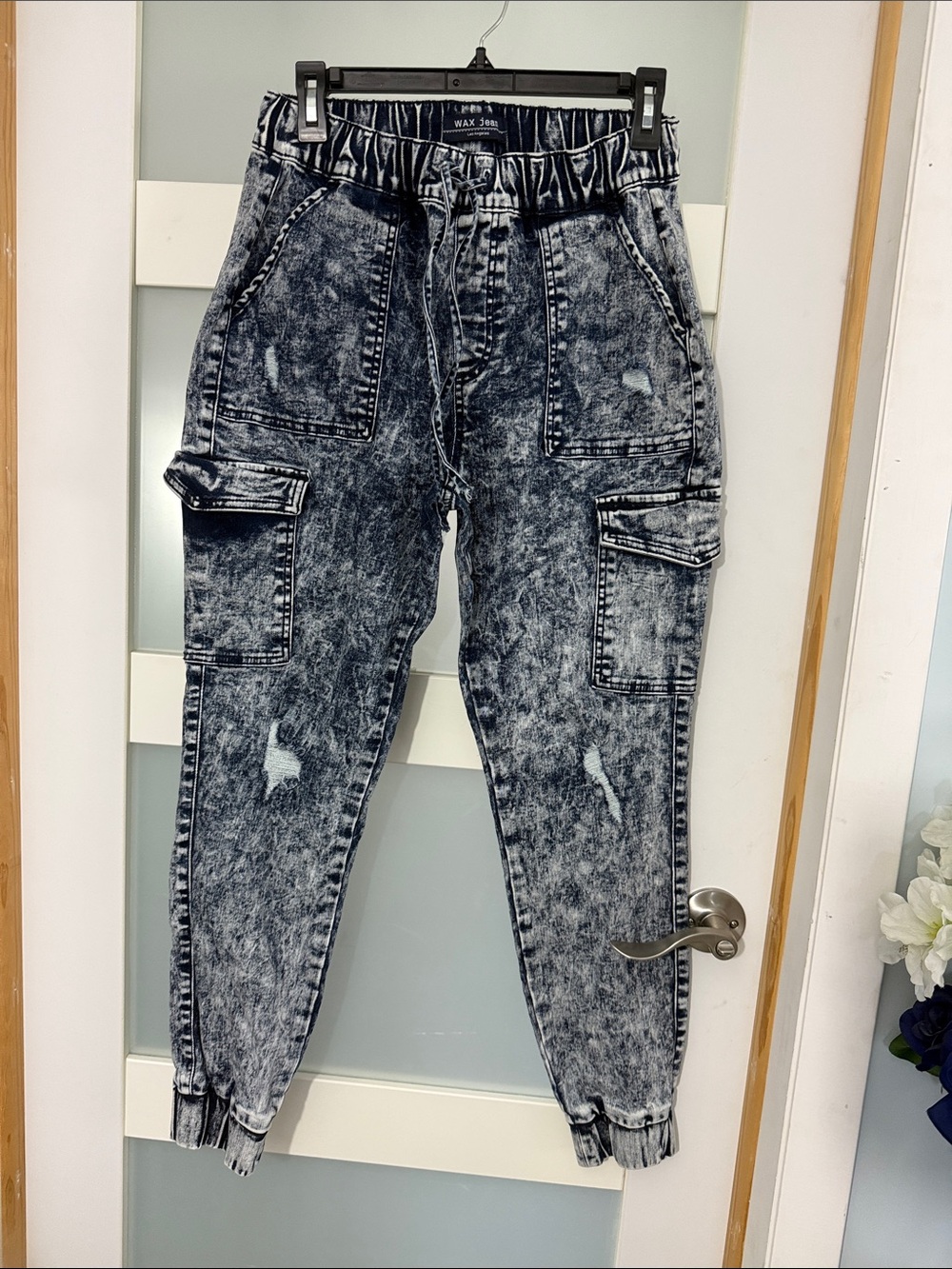 Wax Jean Black & White Acid Wash Cargo Joggers